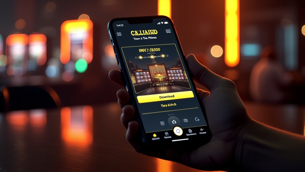 Smartphone mit Download-Seite vor dunkler Casino-Atmosphäre