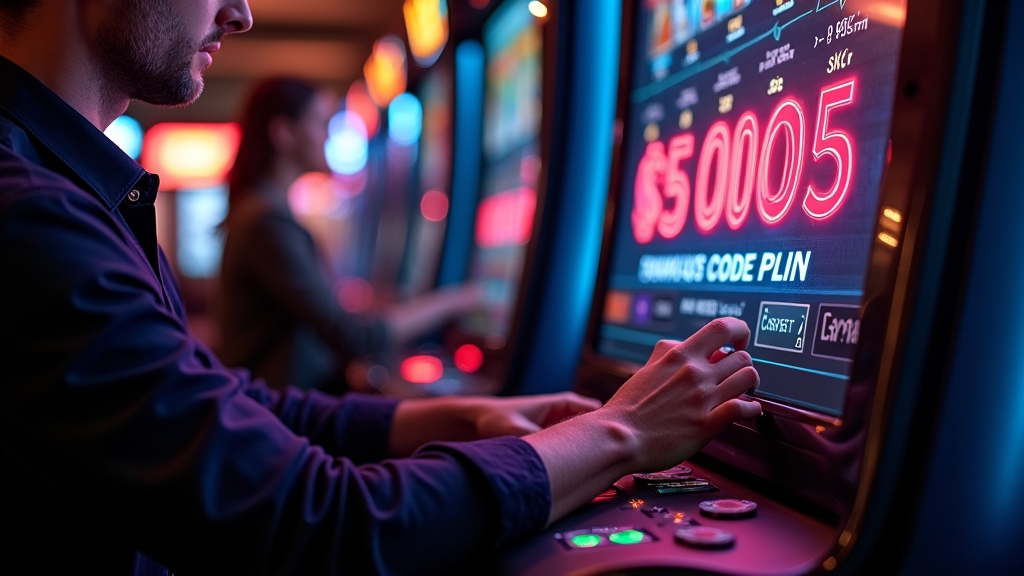 Neuer Spieler prüft Bonuscode und Freispiele in einer dunklen Casino-Szene