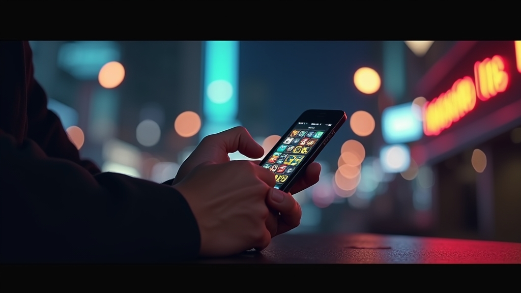 Nutzer mit Smartphone in dunkler Casino-Atmosphäre